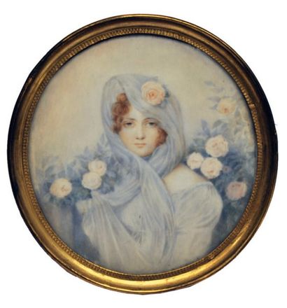ÉCOLE de Jean-Baptiste ISABEY Portrait de femme en buste dans un voile de mousseline...