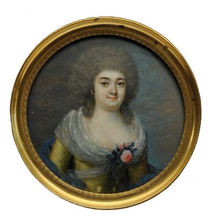 ÉCOLE FRANCAISE vers 1780 Portrait de femme assise, en veste bleue et décolleté fleuri...