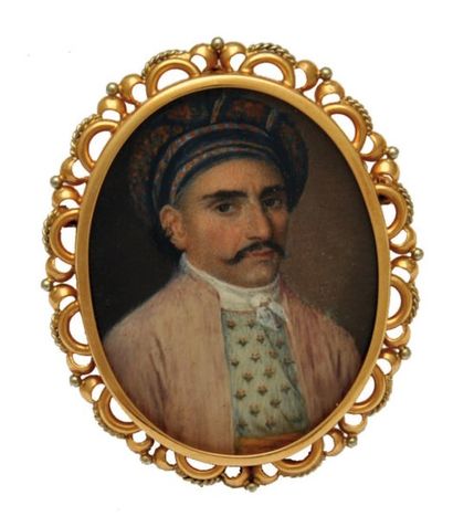 ÉCOLE du XIX° siècle Portrait d'oriental au turban et à la moustache Miniature ovale...