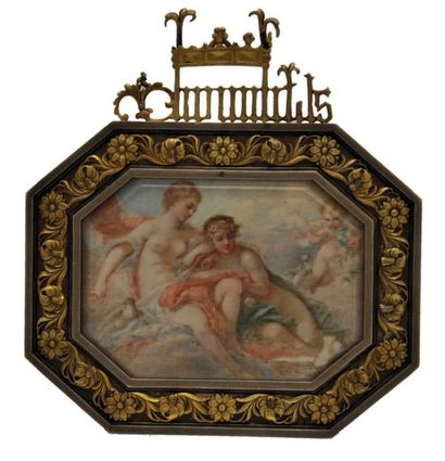 ÉCOLE du XIX° siècle Venus et l'Amour Miniature rectangulaire à pans coupés sur ivoire...