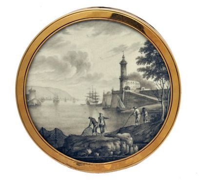 Antoine LE LOUP (Spa 1830 - ?) Paysage maritime Miniature ronde en camaïeu, signée...