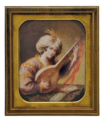 HHM 1827. (École Anglaise du XIX° siècle) Jeune femme au turban et à la mandoline...