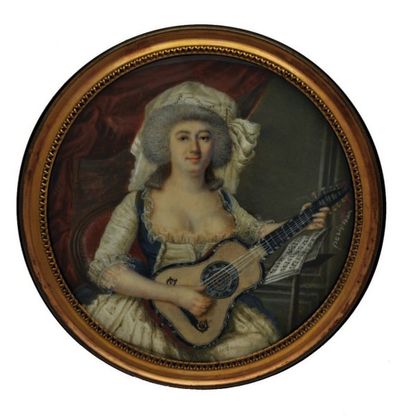 PERIGNON (École Française du XVIII° siècle) Portrait de femme à la guitare Miniature...