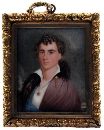 ÉCOLE ANGLAISE du XIX° siècle Portrait d'homme à l'écharpe mauve Miniature rectangulaire...