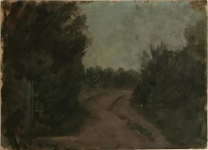 null CABAT (Louis-Nicolas). Chemin en forêt. Huile sur papier ; 21,5 x 13,5 cm