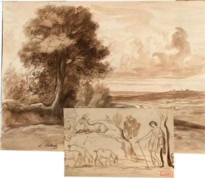 null CABAT (Louis-Nicolas). Paysage aux arbres. Lavis original, signé ; 31 x 22,5...