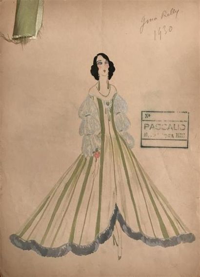 null ZAMORA (José de). " Gina Relly. 1930 ". Maquette de costume pour la maison " Pascaud "....