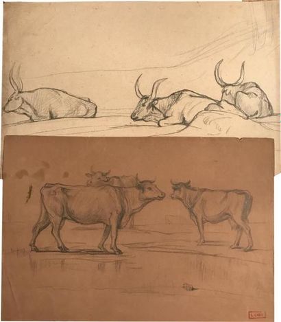 null CABAT (Louis-Nicolas). La Grenouille et les Vaches. Dessin original au crayon,...