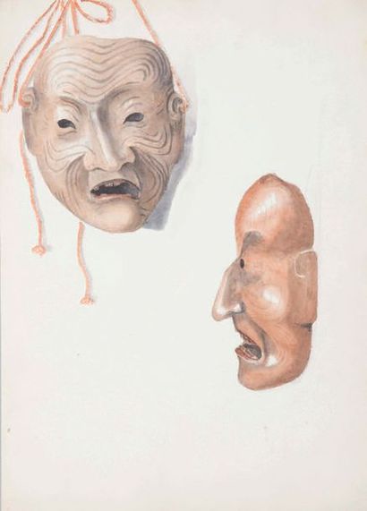 JAPON - Début Epoque EDO (1603 - 1868) Masque de Nô en bois laqué brun beige représentant...