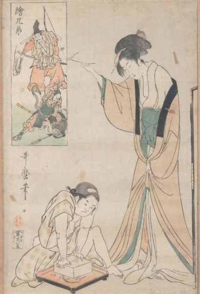 Kitagawa Utamaro (1753? - 1806) Jeune femme regardant un enfant attrapant un rat...