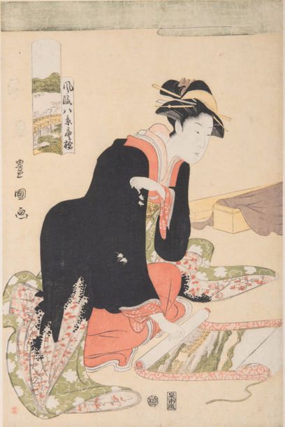 Utagawa Toyokuni I (1769 - 1825) Jeune femme regardant un rouleau de la série «Les...