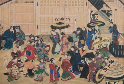 Ecole d'UTAGAWA Fin de l'Epoque EDO (1603 - 1868) Le salon de thé
Suite de cinq aquarelles
Dim...