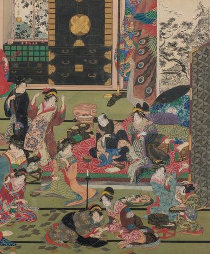 Ecole d'UTAGAWA Fin de l'Epoque EDO (1603 - 1868) Le salon de thé
Suite de cinq aquarelles
Dim...