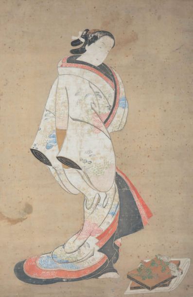 JAPON - Fin Époque EDO (1603 - 1868) Encre sur soie, oiran debout, des chrysanthèmes...