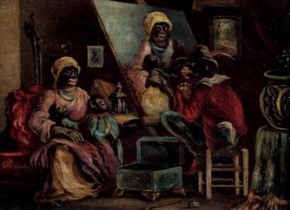 Isidore GRANVILLE (1803-1847) L'atelier des singes
Huile sur panneau d'acajou, signée...