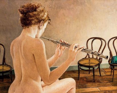 Francine VAN HOVE (née en 1942) Nu à la flûte traversière
Huile sur toile signée...