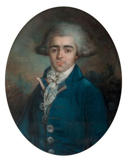 Ecole FRANCAISE, époque Louis XVI. Portrait d'homme à la veste bleue et jabot blanc.
Pastel...