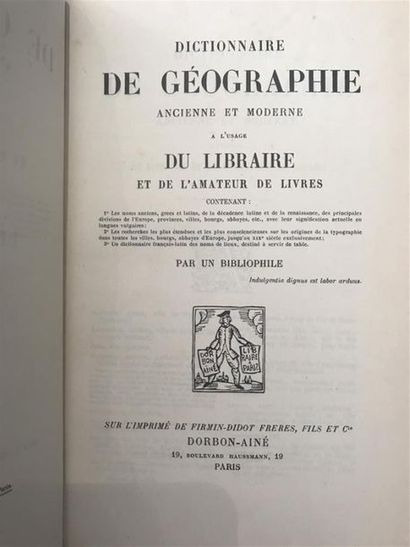 null DICTIONNAIRE de géographie ancienne et moderne .. Paris, Dorbon ; in-8 demi-chag....