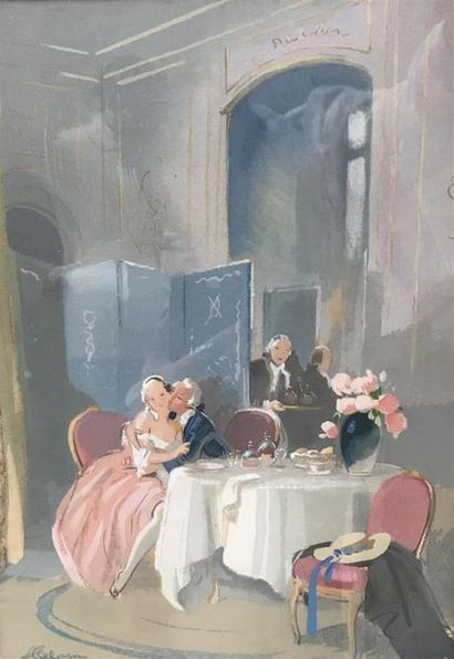 null Ecole du début du XXème siècle
Scène romantique dans une salle de restaurant
Gouache...