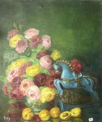 null MARIE-MADELEINE DE RASKY (1897-1982)
Nature au bouquet de fleurs et cheval
Huile...
