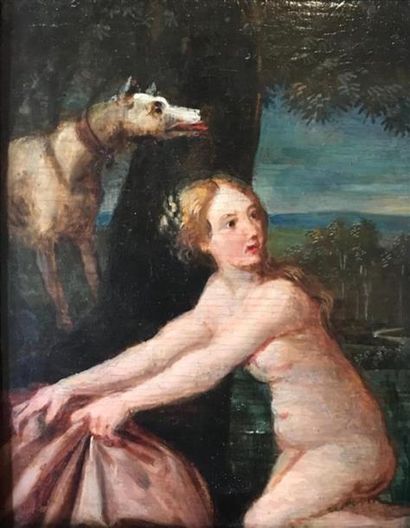null Ecole flamande XVIIème siècle 
Femme au chien 
Huile sur panneau 
15 x 12,5...