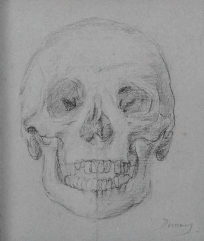 DEMAY Germain (1819-1886) Etude de crâne Fusain sur papier bleu signé en bas à droite...