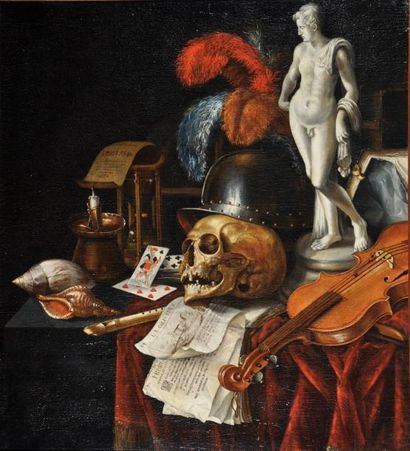 Jan FRIS (Amsterdam, vers 1627 - Amsterdam, vers 1672) Vanité au casque, à l'Apollon...