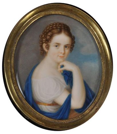 ÉCOLE FRANCAISE vers 1810 Jeune femme pensive Miniature ovale 6,7 x 5, 5 cm.