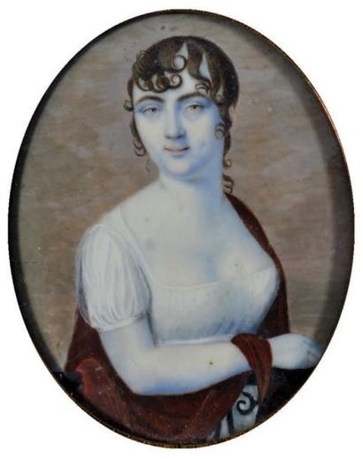 ÉCOLE FRANCAISE vers 1810 Portrait de femme au décolleté blanc, la chevelure bouclée...