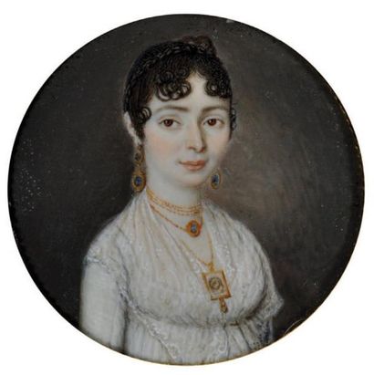 ÉCOLE FRANCAISE vers 1800 Portrait de femme en robe blanche Miniature ronde sur ivoire....