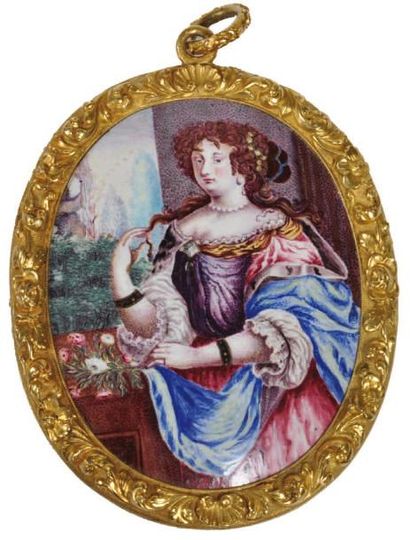 ÉCOLE FRANCAISE vers 1680 Portrait de femme de qualité devant une porte ouverte sur...