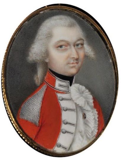 ÉCOLE ANGLAISE vers 1800 Portrait de militaire en uniforme rouge Miniature ovale,...
