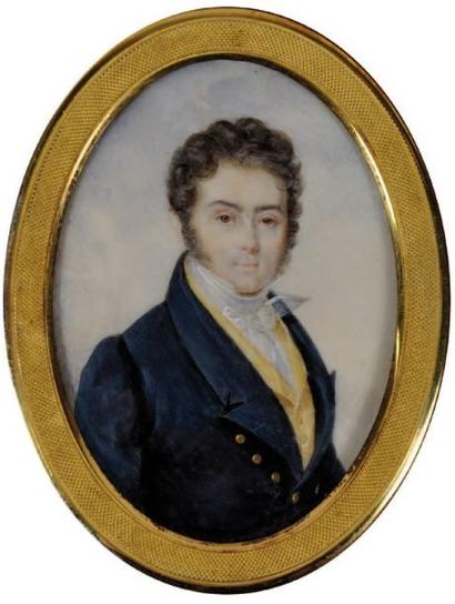ÉCOLE FRANCAISE vers 1820 Portrait d'homme en habit bleu, gilet jaune, chemise et...