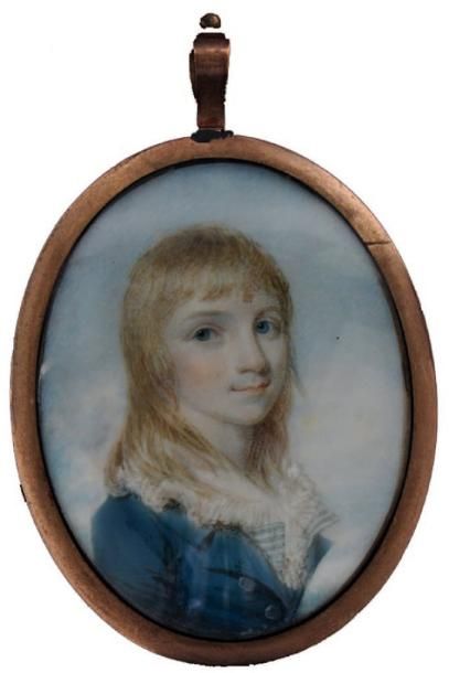 ÉCOLE ANGLAISE vers 1800 Portrait de jeune garçon en bleu. Fond nuageux Miniature...