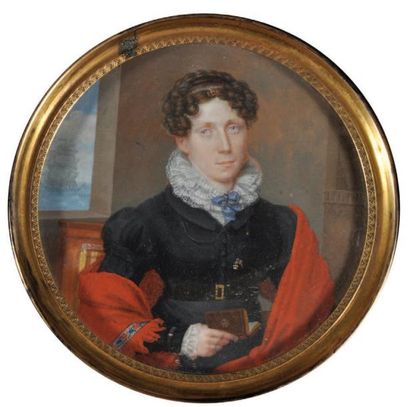 ÉCOLE FRANCAISE vers 1820 Portrait de femme assise tenant un livre, à l'arrière une...