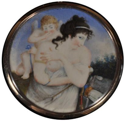 ÉCOLE FRANCAISE de la fin du XVIIIème siècle L'amour taquin Miniature ronde, monture...