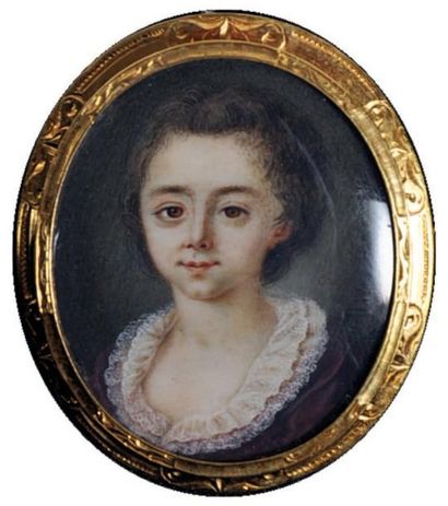 CRESSENT Portrait de fillette en robe prune. Miniature ovale, sur ivoire Signée et...