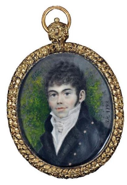 G R 1798 Portrait d'homme en habit noir sur fond vert Miniature ovale, sur ivoire....