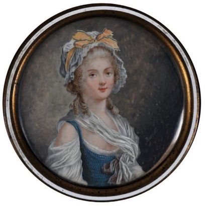 ÉCOLE FRANCAISE du XIXème siècle Portrait de jeune femme à mi-corps en robe bleue...