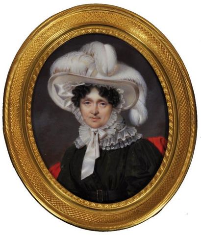 Pierre Léonard COUSIN (Limoges 1788) Portrait de femme en robe noire ornée d'un col...