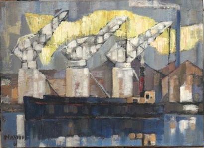 null Hervé MASSON (1918-1990) 
Bateau et grues
Huile sur toile signée en bas à gauche...