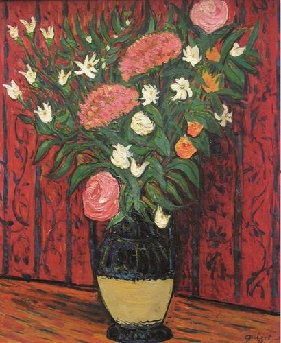 null Alphonse QUIZET (1885-1955)
Vase vernissé avec des roses, fond rouge
Huile sur...