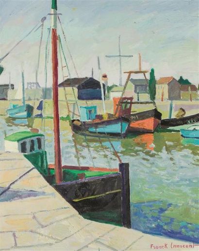 null Franck INNOCENT (1912-1983)Bateau de pêche à quai à Honfleur, 
Huile sur toile...