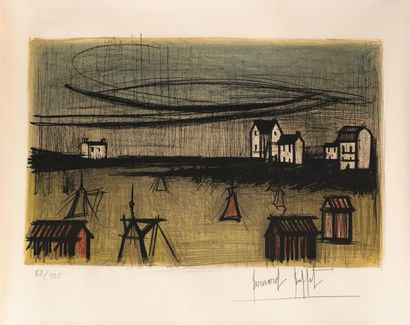 null Bernard BUFFET (1928-1999)
Paysage aux maisons blanches et cabanons 
Lithographie...