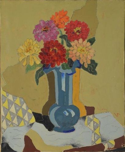 null Jean-François LAGLENNE (1899-1962)Vase de Zinnias,Huile sur toile, signée en...