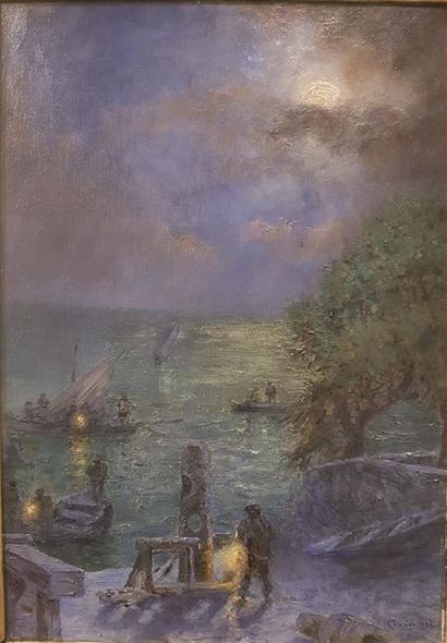 null Charles JOUSSET (1857-1906)Pêcheurs de nuitHuile sur toile. Signée en bas à...