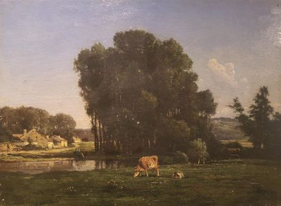 null Eugène BATAILLE (1817-1880) 
Vaches au pré 
Huile sur panneau signée bas droite...