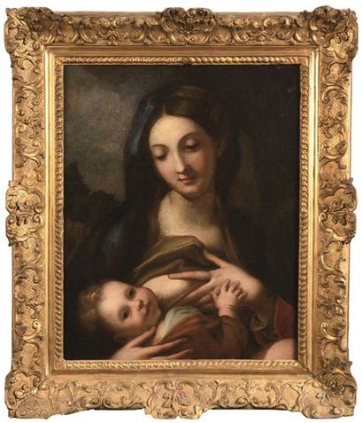 null Ecole GENOISE de la fin du XVIIème siècle
Vierge à l'Enfant
Toile 
58 x 47 cm
(usures...