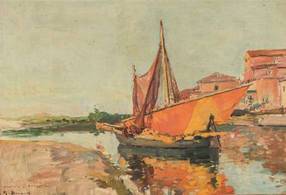 null Maurice BOMPARD (1857-1936)Voilier au port Huile sur toile, signée en bas à...
