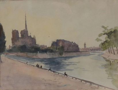  Louis Edouard TOULET (1892-1967) Vue de l'ïle de la Cité à Paris Aquarelle et encre...